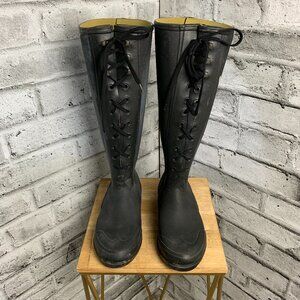 Aigle Rain Riding Boots Women's 38 Charcoal Rubber Knee High Lace Up Equestrian